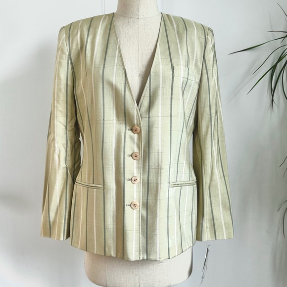 Vintage Rena Rowan Petite Striped Blazer Silk Office Button Front Jacket 10P - Picture 1 of 10